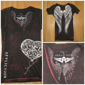 Affliction Gem Studded V-neck Tee / Small